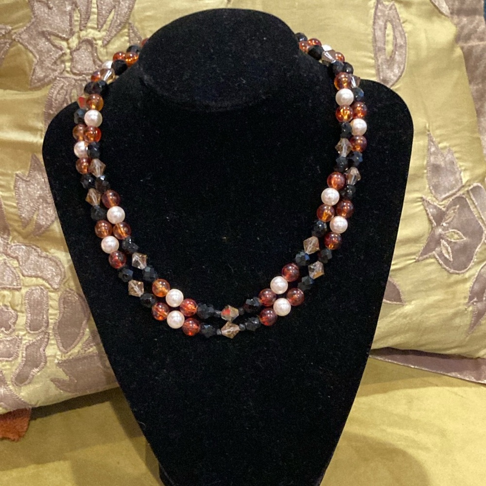 Vintage 60s Multi Strand Beaded Necklace 1960s Crystal & Acrylic-15”